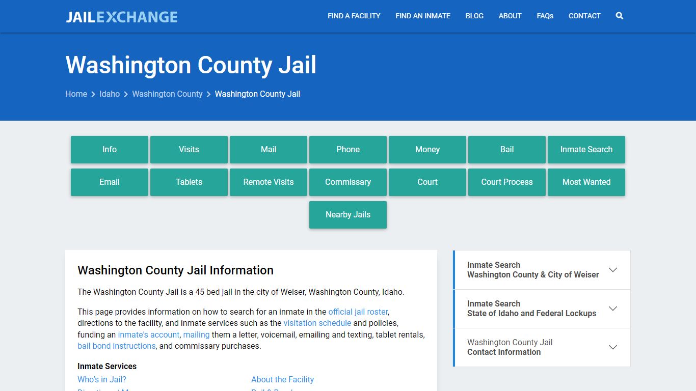Washington County Jail, ID Inmate Search, Information